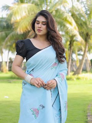 Gulmohar red handloon kantha work saree with blouse 4