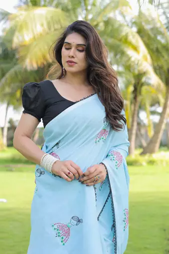 Gulmohar red handloon kantha work saree with blouse