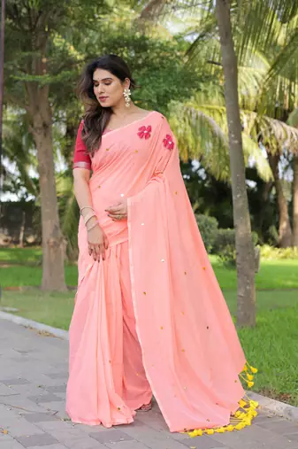 Ginni orange flower embroidery saree with blouse
