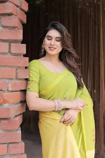 green cotton embroidery saree with blouse