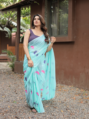 aqua blue embroidery cotton saree with blouse 1