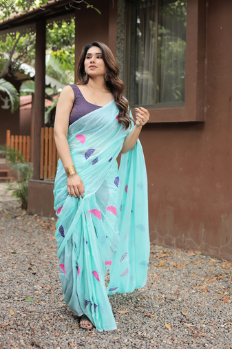 aqua blue embroidery cotton saree with blouse