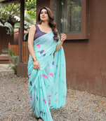 aqua blue embroidery cotton saree with blouse
