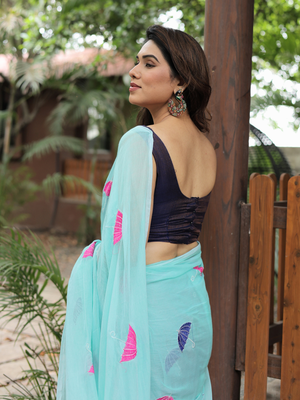 aqua blue embroidery cotton saree with blouse 2