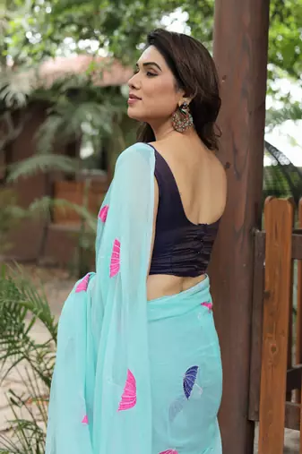 aqua blue embroidery cotton saree with blouse