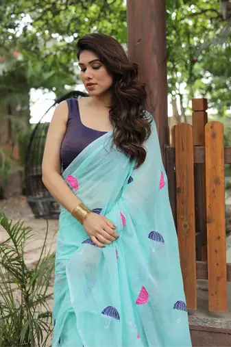 aqua blue embroidery cotton saree with blouse