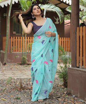 aqua blue embroidery cotton saree with blouse 4
