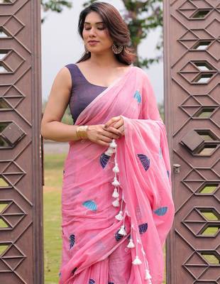 Rim jhim pink umbrella embroidery cotton saree with blouse 1
