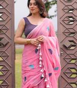 Rim jhim pink umbrella embroidery cotton saree with blouse