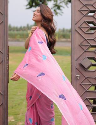 Rim jhim pink umbrella embroidery cotton saree with blouse 2