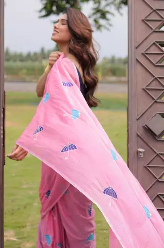 Rim jhim pink umbrella embroidery cotton saree with blouse