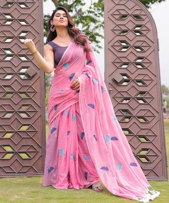 Rim jhim pink umbrella embroidery cotton saree with blouse 3
