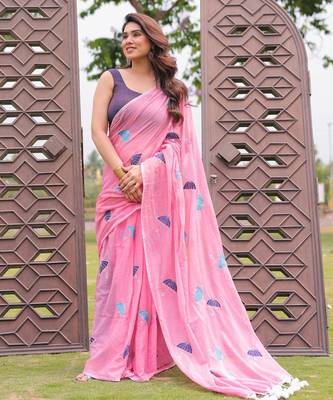 Rim jhim pink umbrella embroidery cotton saree with blouse 4