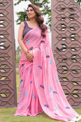 Rim jhim pink umbrella embroidery cotton saree with blouse