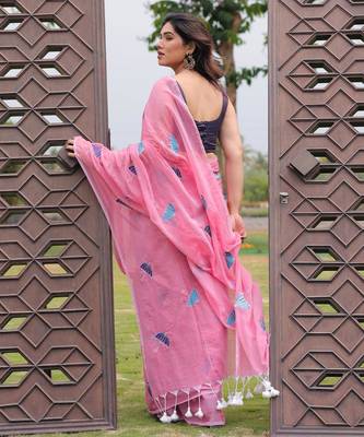 Rim jhim pink umbrella embroidery cotton saree with blouse 5