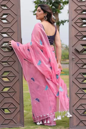 Rim jhim pink umbrella embroidery cotton saree with blouse