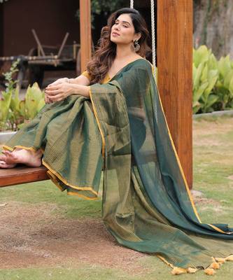 Kachi kairi green and golden cotton saree with blouse 2