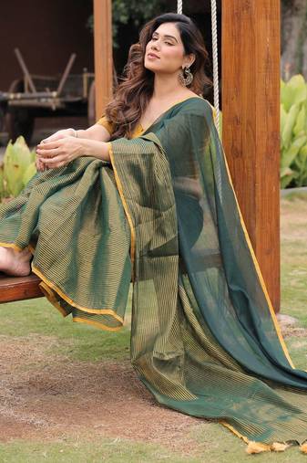 Kachi kairi green and golden cotton saree with blouse