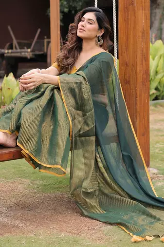Kachi kairi green and golden cotton saree with blouse