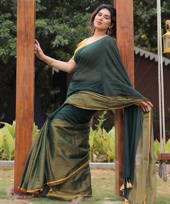 Kachi kairi green and golden cotton saree with blouse 3