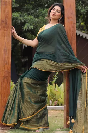Kachi kairi green and golden cotton saree with blouse