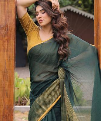 Kachi kairi green and golden cotton saree with blouse 4