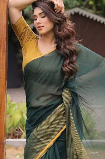 Kachi kairi green and golden cotton saree with blouse