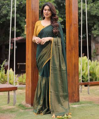 Kachi kairi green and golden cotton saree with blouse 1