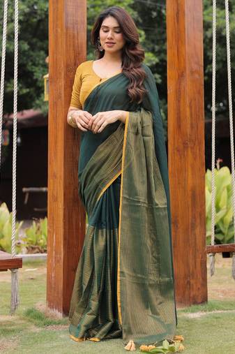 Kachi kairi green and golden cotton saree with blouse