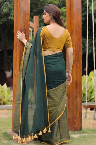Kachi kairi green and golden cotton saree with blouse