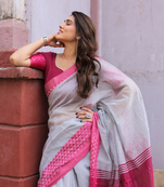 Viona grey and pink cotton saree with blouse