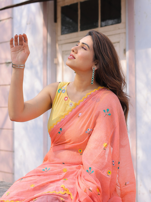 Ganik peach cotton embroidered saree with blouse 2
