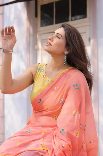 Ganik peach cotton embroidered saree with blouse
