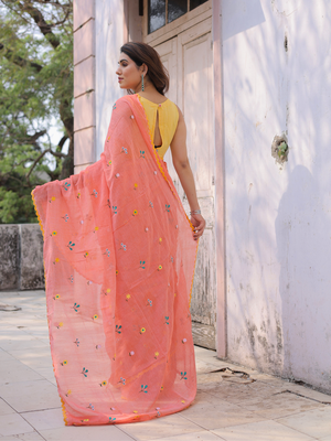 Ganik peach cotton embroidered saree with blouse 3