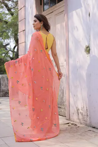 Ganik peach cotton embroidered saree with blouse