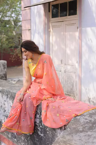 Ganik peach cotton embroidered saree with blouse
