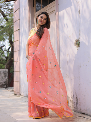 Ganik peach cotton embroidered saree with blouse 1