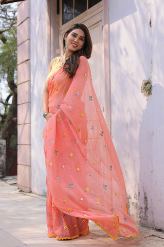 Ganik peach cotton embroidered saree with blouse