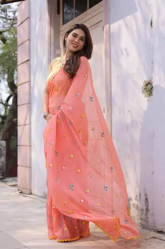 Ganik peach cotton embroidered saree with blouse