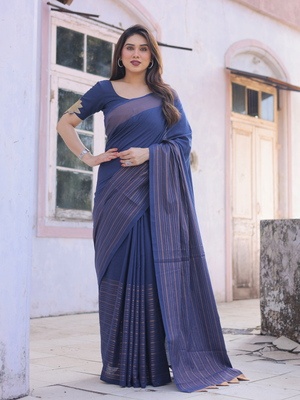 Midnight bloom blue cotton saree with embroidered blouse 1