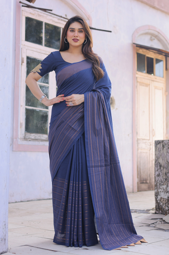 Midnight bloom blue cotton saree with embroidered blouse