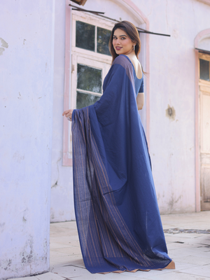 Midnight bloom blue cotton saree with embroidered blouse 3