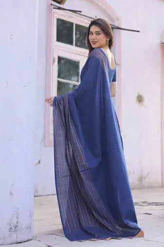 Midnight bloom blue cotton saree with embroidered blouse