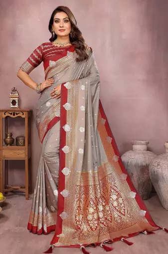 Grey handloom kalamkari silk blend saree with zari woven work