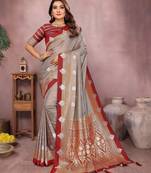 Grey handloom kalamkari silk blend saree with zari woven work