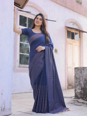 Midnight bloom blue cotton saree with embroidered blouse 4