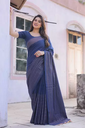 Midnight bloom blue cotton saree with embroidered blouse