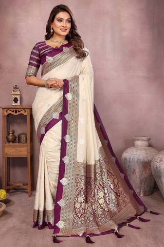 Beige handloom kalamkari silk blend saree with zari woven work
