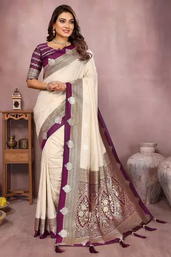 Beige handloom kalamkari silk blend saree with zari woven work
