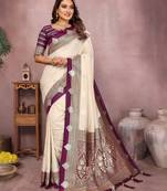 Beige handloom kalamkari silk blend saree with zari woven work